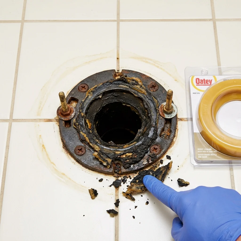 Failed wax ring showing water seepage at the base of a toilet in a Washington, MO home