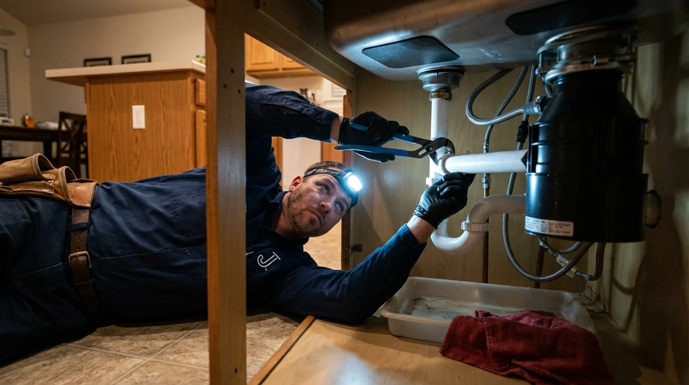P-trap and supply line connections under a kitchen sink showing a common leak point in Washington, MO